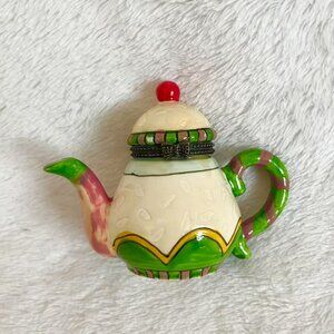 Porcelain Hinged Teapot Trinket Box Whimsical Design Brass Hinges